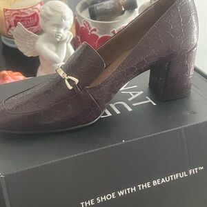 Naturalizer Croc-Embossed Block Heel Loafer in Plum with Gold Bit